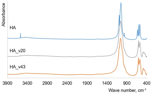 Fig. 2. FTIR spectra of the initial HA, and vacuum treated HA (HA_v20 and HA_v43) 