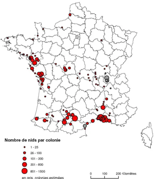 Figure  5 :  Carte  de  répartition  des  colonies  de  Héron  garde-bœufs  lors  du  recensement de 2007 (d’après Marion 2009) 