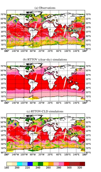 Figure 1. IASI brightness temperature (K) observations (a) from Metop A and B satellites and corresponding simulations using RTTOV (b) and RTTOV-CLD (c) for surface channel (1271, 962.5 cm −1 ) for 30 January 2017 daytime over sea from ARPEGE 6-hour foreca