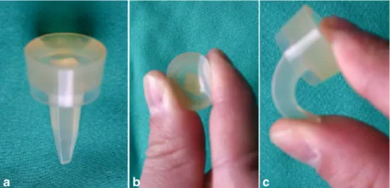 Fig. 3 a The BSwanson^ silastic prosthesis. b Highly deformable head. c High flexibility stem