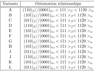 Table 1.1: 12 possible crystallographic orientations of the α colonies inside a (prior) β grain, which arise from the Burgers orientation relationship.