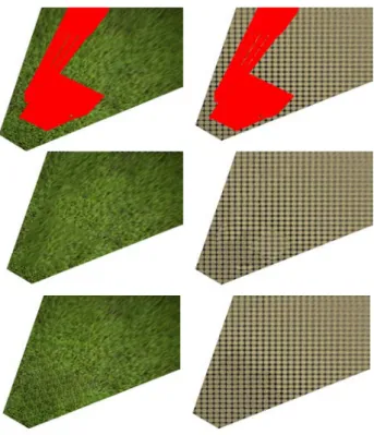 Fig. 6. Results from PatchMatch (left) and Statistic analysis and Graphcut (right) on an empty area coloured in red (first row) without validation criterion (second row) and with validation criterion (third row).