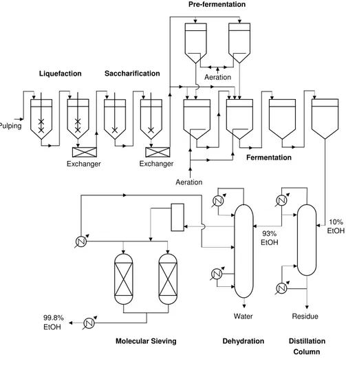 Figure 1.11: Process flow diagram of ethanol production via the dry milling process, using starch plants as a raw feed.