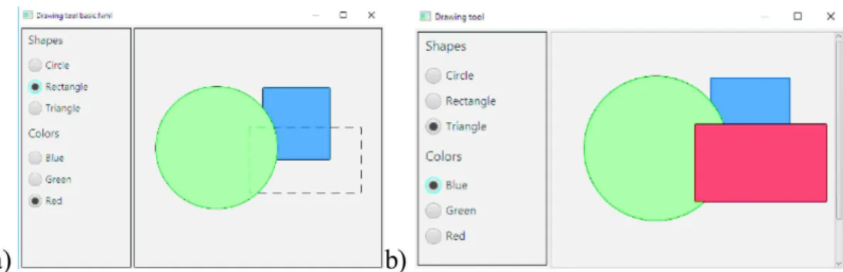 Fig. 3. Screenshots of the interactive application (a) after drawing two shapes and while drawing a third one (b) after drawing four shapes (including one not visible, please notice the scrollbar) (Color ﬁgure online)