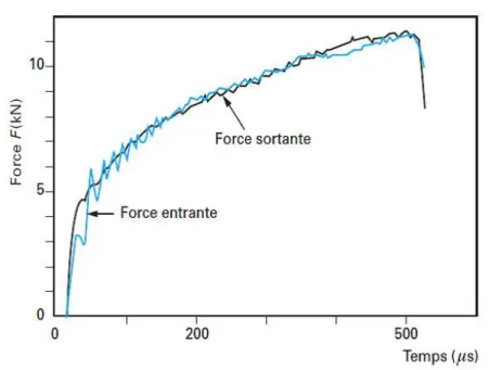 Figure 2.10 – Force sortante et force entrante appliquées à l’éprouvette en fonction du temps [ Gary 2002 ]