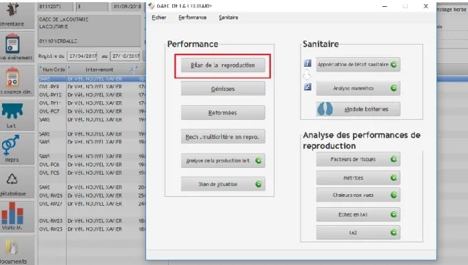 Figure 14 - Comment accéder au bilan de reproduction ? Interface de VETOEXPERT permettant d’accéder à la description  et à l’analyse des performances de reproduction et des problèmes sanitaires du troupeau