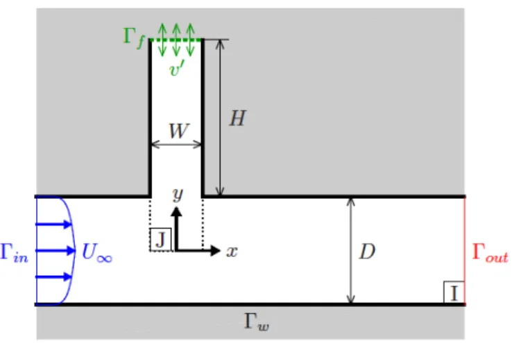 Figure 1: Geometry and flow configuration (see main text for dimensions). LNSE calculations are performed in the 2D domain I, around mean flows from LES performed in a 3D domain (same 2D cross-section I, spanwise extension L)