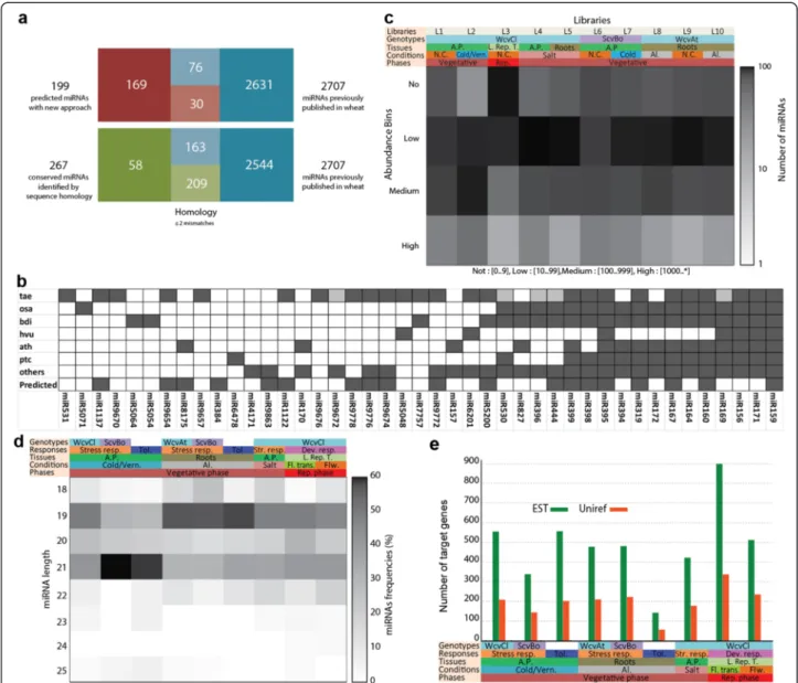 Figure 2 Overview of the predicted miRNAs. a) Diagram of the intersection between miRNAs predicted by the novel approach, conserved miRNAs identified by sequence homology, and miRNAs published in the literature; b) Evidence of conserved plant miRNA familie