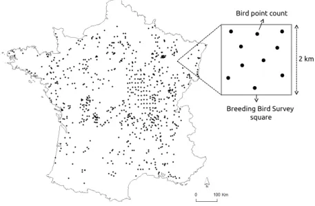 Figure 1. Distribution of the selected bird plot squares over France for the year 2010