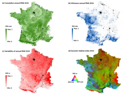 Figure 3. The components of the Dynamic Habitat Index of 2010 over France derived from the MODIS