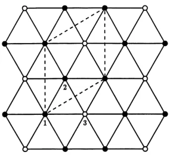 Figure 3: Schema du reseau triangulaire de colonnes. Les points vides representent les colonnes deplacees