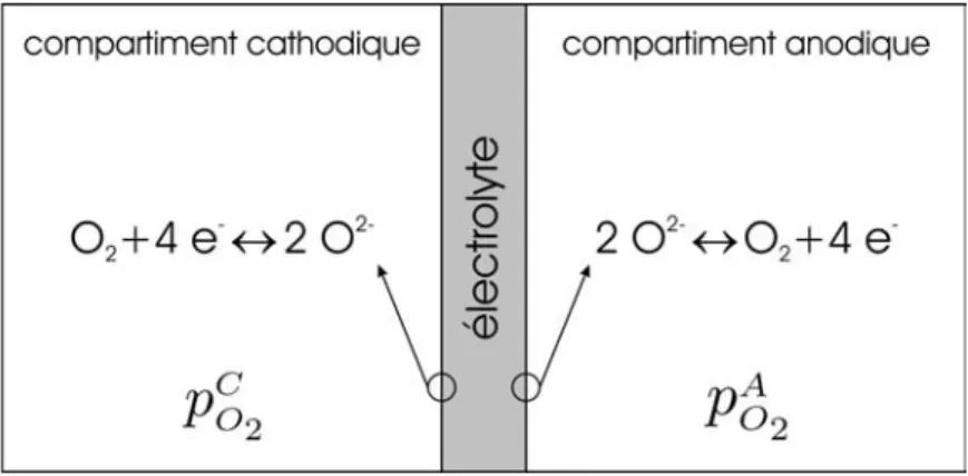 Fig. I.2 – Environnement en oxygène d’un électrolyte et équilibres aux interfaces