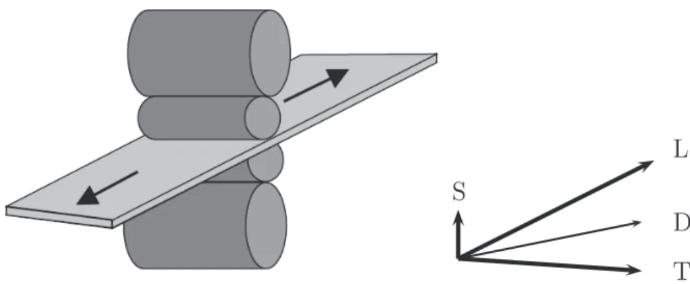 Figure 2.8: Deﬁnition of L (rolling direction), T (long–transverse direction), S (short–transverse direction) and D (diagonal direction) of the sheet material in this study.
