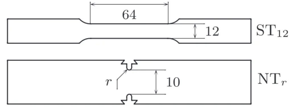 Figure 3.1: Geometry of test specimens (all dimensions in mm): smooth ﬂat tensile specimen ST 12 , notched ﬂat tensile specimen NT r with radii of 0.5, 1 and 2 mm.
