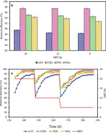 Fig. 4. Modeling of atrazine biodegradation in MPBR: a) First order model; b) Grau model; c) modiﬁed Stover-Kincannon model.