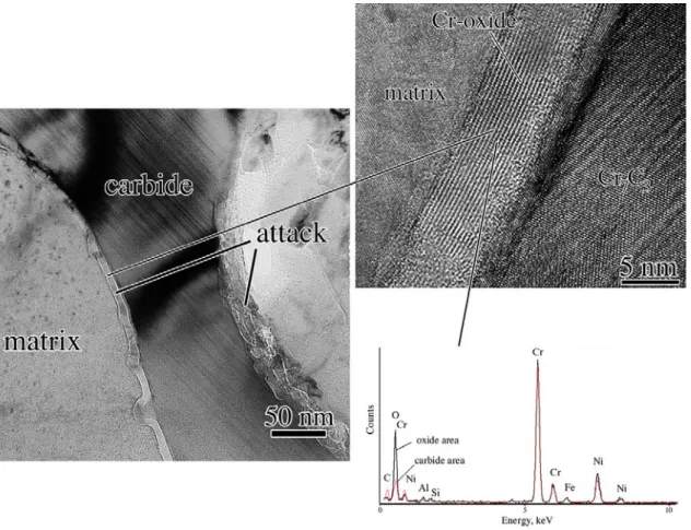Figure 3.15 : Image en champ clair d’un carbure de chrome Cr 7 C 3  oxydé dans un joint de grains 