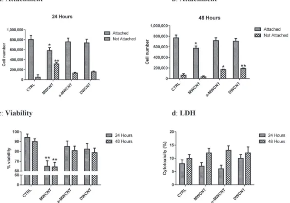 Fig. 1. Cell attachment (a, b), cell viability by Trypan blue exclusion (c), LDH release (d) in primary microglial cultures treated with MWCNTs, a -MWCNTs and DWCNTs compared to untreated control cultures after 24 and 48 h treatment