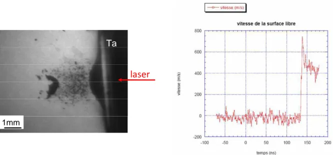 Figure II- 20 : Ombroscopie et signal VISAR de l’écaillage d’une feuille de tantale (e=75µm,  v=450m.s -1 , t=4µs) 
