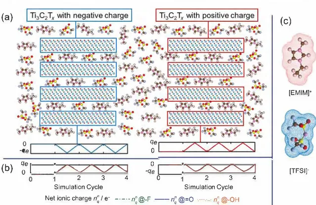 Figure 2. (a) Schematic of the variation of the extra charge amount on the Ti,C2 î x  layer as a function of the simulation time on the negative and positive elec­