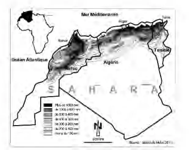 Figure  4.  Les  précipitations  moyennes  annuelles  en  Afrique  du  Nord  (1960-2010)  (Taabni et El Jihad, 2012)