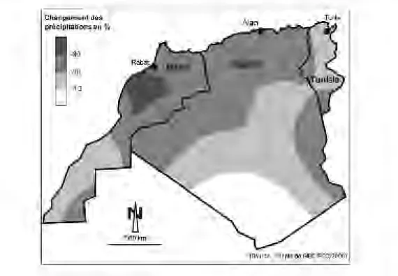 Figure 5. Changement des précipitations annuelles à l’horizon 2080/2099 par rapport à  1980/1999 en Afrique du Nord (moyenne de 21 modèles) (Taabn et El Jihad, 2012)
