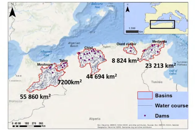 Figure 9. Localisation des plus grands bassins côtiers de l'Afrique du Nord et des  barrages