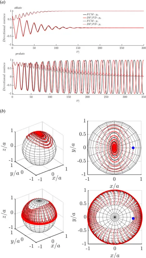 Fig.  8. Comparison of FCM and DF/FD: orientation vector p of a prolate and an oblate spheroid in simple shear ﬂow at ﬁnite-size Reynolds number ( Re  p  = 1 