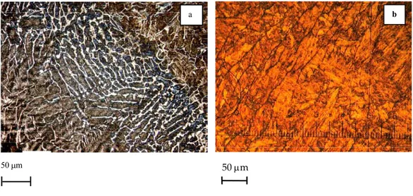 Figure A.II.4. Microstructure of the weld metals (a) dendritic structure before PWHT   (b) Columnar grains elongated following the thermal gradient after PWHT 