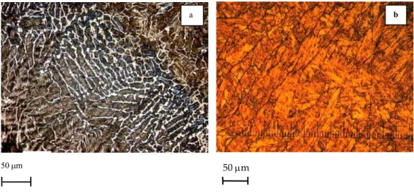 Figure A.II.4. Microstructure of the weld metals (a) dendritic structure before PWHT   (b) Columnar grains elongated following the thermal gradient after PWHT 
