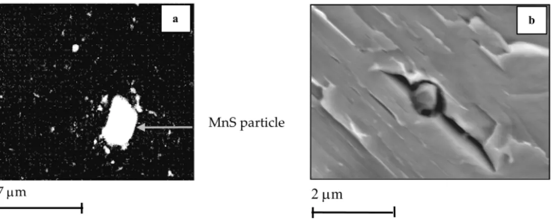 Figure A.II.5. Extraction of a MnS particles on a carbon replica (SEM observation)   Initiation of a cleavage crack on a MnS particle at low temperature 