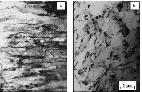 Figure A.II.10. TEM micrograph – a. Base Metal – b. ICHAZ (Y. De Carlan – CEA Saclay) i.e