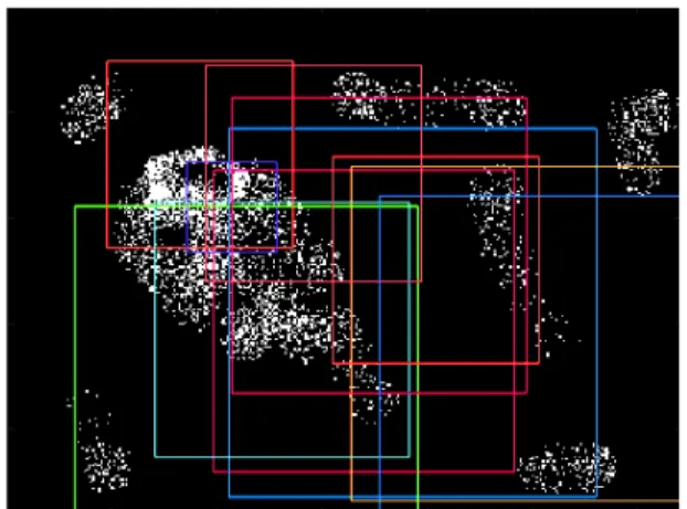 Fig. 7. Intermediate PSO-based tracking swarm of rectangular particles: after 10 iterations.