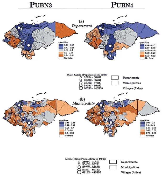 Figure 1-19. Illustration du MAUP pour l’étude de la pauvreté au Honduras : deux indices à l’échelle du  département (a) ou de la commune (b) (source : Leclerc 2002) 