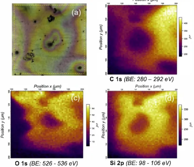 Fig. 3.  PropS-SH on bare quinary bronze, free surface: optical image ( a) and HR-SRPES maps for C ls, Ols and Si 2p ( b-d)