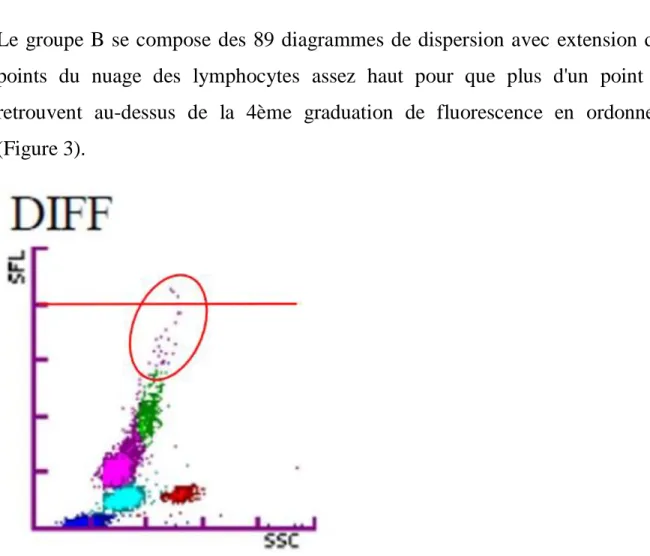 Figure 3 : Groupe B : présence de plus d’un point au-dessus de la 4ème graduation de  fluorescence en ordonnées