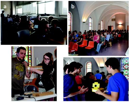 Fig. 2. a: Example of a collaborative design session with all the teams; b, c, d: ﬁnal ceremony showing attendance, prototypes presentation, and following open discussions.