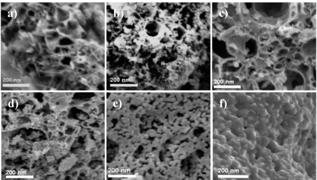 Fig. 3. SEM images of the samples. The nanoparticles formed structures with large porous at a) CT0, b) CT1, c) CT2, d) CT3