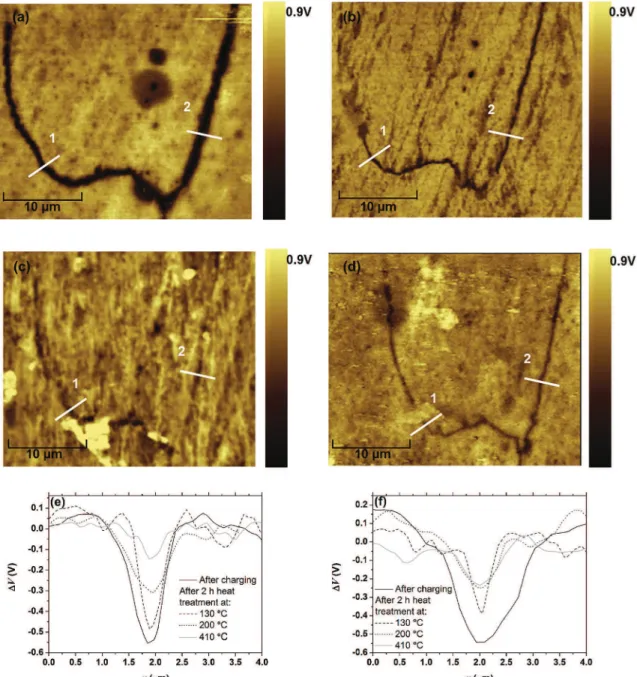 Fig. 7. SKPFM potential images of the same zone of an AA 2024 sample (a) after immersion for 24 h in 1 M NaCl and after additional heat treatment for 2 h at (b) 130 ! C, (c) 200 ! C