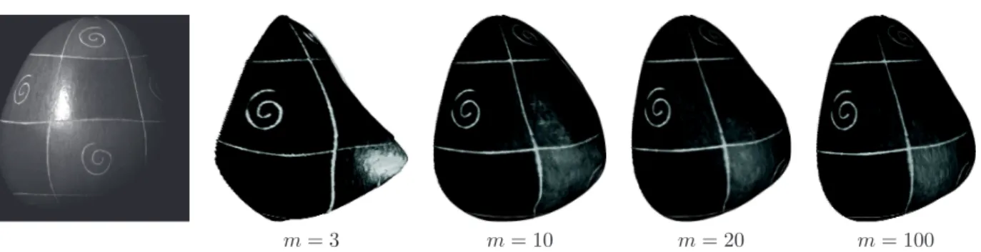 Figure 6. Results on the Gourd dataset from [ 2 ] (the left image shows one of the input images), while increasing the number of images and using the calibrated lighting as initial estimate