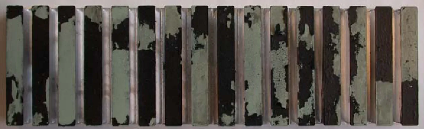 Figure 2.56 Faciès de rupture des essais à 300 µm –en sombre, la colle FMV, en clair, le substrat en  aluminium peint 