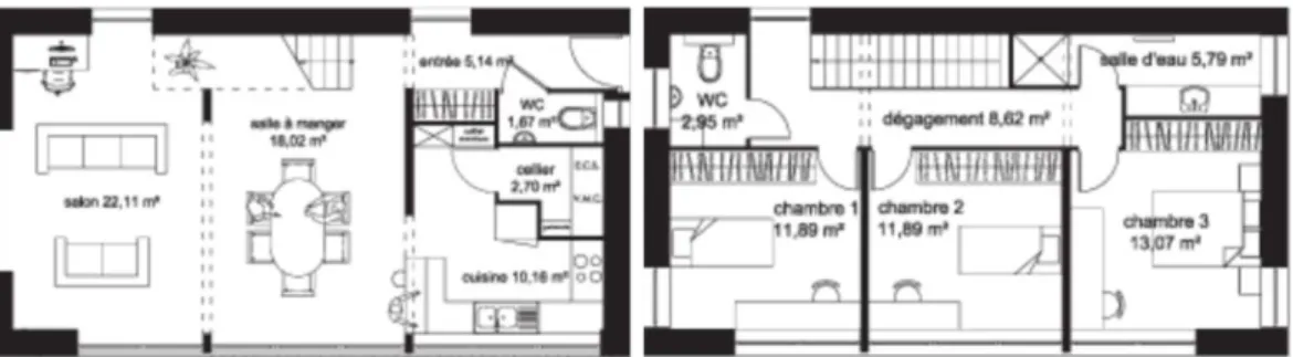 Figure  1-13. Plan du rez-de-chaussée (à gauche) et de l’étage (à droite) de la  maison Chloé 