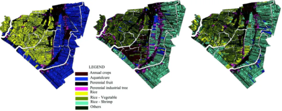 Fig. 5. Land-use for 2005 (left); land-use obtained for 2010 with the simulation (middle); ob- ob-served land-use for 2010 (right)