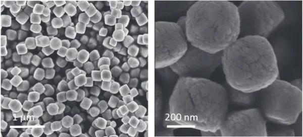 Figure 22: Micrographies obtenues au MEB, montrant des nanoparticules cubiques de α-Fe 2 O 3  ; les conditions 