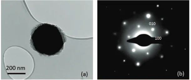 Figure 38: (a) Image enregistrée au MET d’une particule cylindrique dont la génératrice est orientée  parallèlement au faisceau d’électrons et (b) cliché de diffraction électronique en mode aire sélectionnée de la 