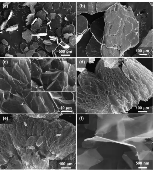 Fig. 1. FEG-SEM micrographs of (a), (b) as received expandable graphite flakes, (c) EG powder prepared by abrupt heating of expandable graphite at 900 °C for 10 s