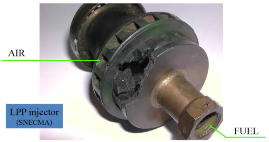 Figure 1.7: The injector of an LPP design jet combustor, after a combus- combus-tion instability.