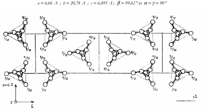 Fig. I-3 Projection de la structure  α  monoclinique du polypropylène sur le plan {0 0 1}[3]