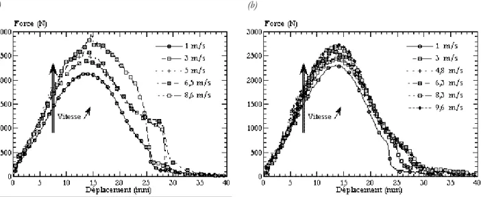 Fig. I-26 Influence de la vitesse sur le comportement du polypropylène BMT222 (a)                                                    et du BA238G9 (b)