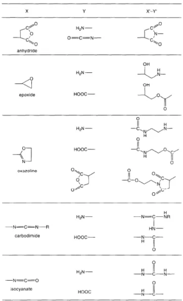 Figure A-29: Fonctions chimiques usuelles impliquées dans la compatibilisation de mélanges de  polymères, d’après [Koning et al., 1998]