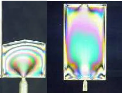 Figure 3.1: Birefringence fringe patterns in an injection molded part; on the left during filling and on the right after ejection.
